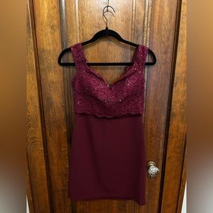 Red formal dress with sequins and lace top